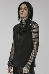 Black Punk Stand Collar Anterior Middle Asymmetry Design Zipper Shoulder Decorate Webbing Men's Vest - Product - 2
