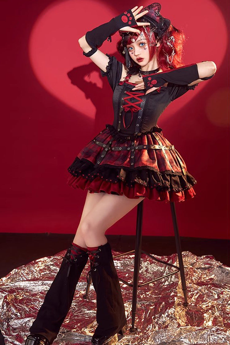 Black/Red Print Ruffle Lace-Up Gothic Japanese Princess Lolita JSK Dress - Product - 2