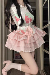 White/Pink Long Sleeves Triple-Layered Strawberry Print Hooded Sweet Lolita Dress - Product - 5