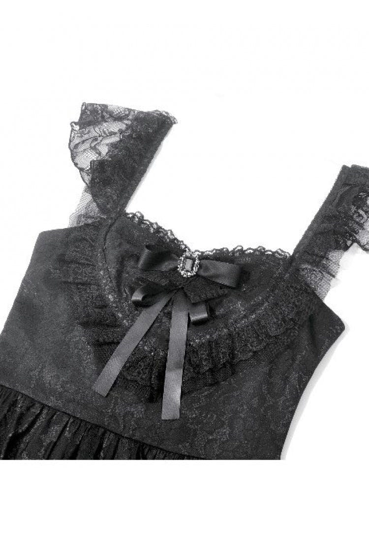 Black Flutter Sleeves Jacquard Bowknot Lace Ruffled Lace-Up Women's Gothic Cake Mini Dress - Product - 13