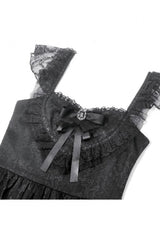 Black Flutter Sleeves Jacquard Bowknot Lace Ruffled Lace-Up Women's Gothic Cake Mini Dress - Product - 13