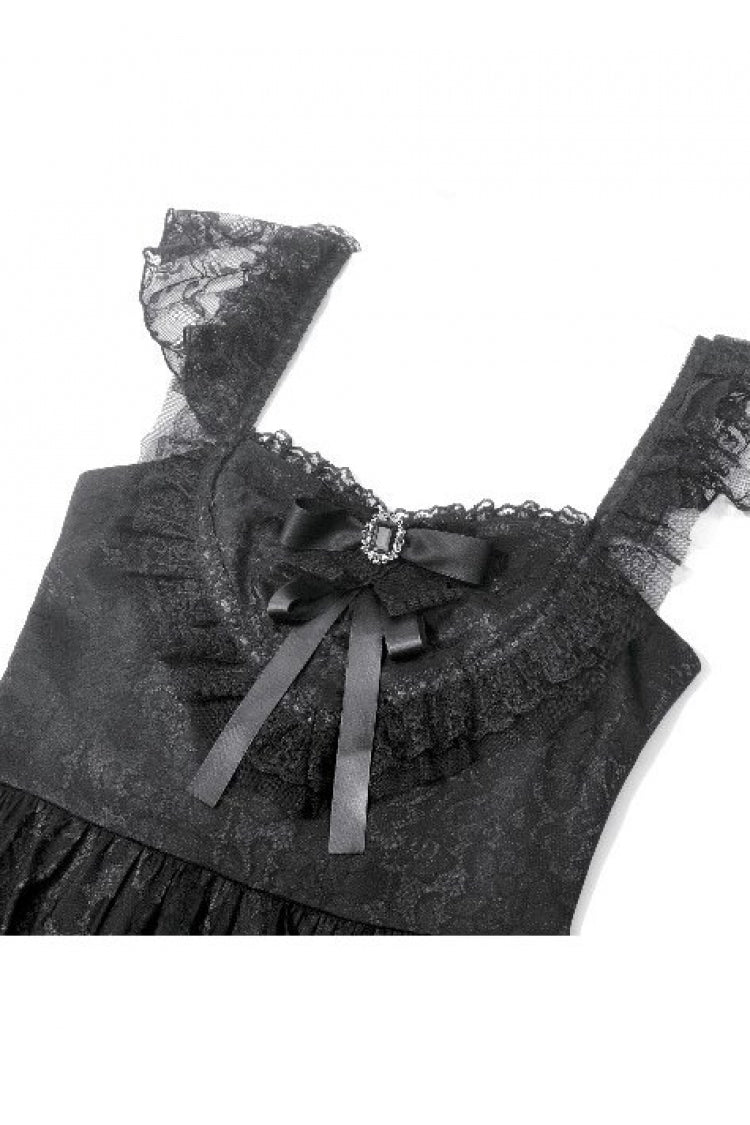 Black Flutter Sleeves Jacquard Bowknot Lace Ruffled Lace-Up Women's Gothic Cake Mini Dress - Product - 13
