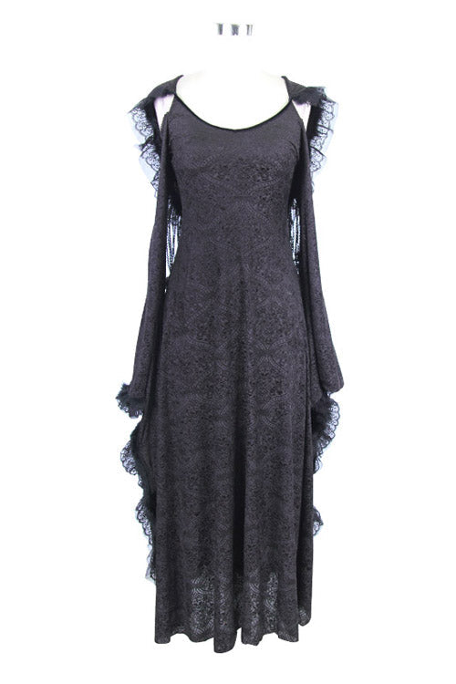 Black Gothic Big Cuffs Stretchy Floral Off The Shoulder Hooded Long Womens Dress - Product - 7