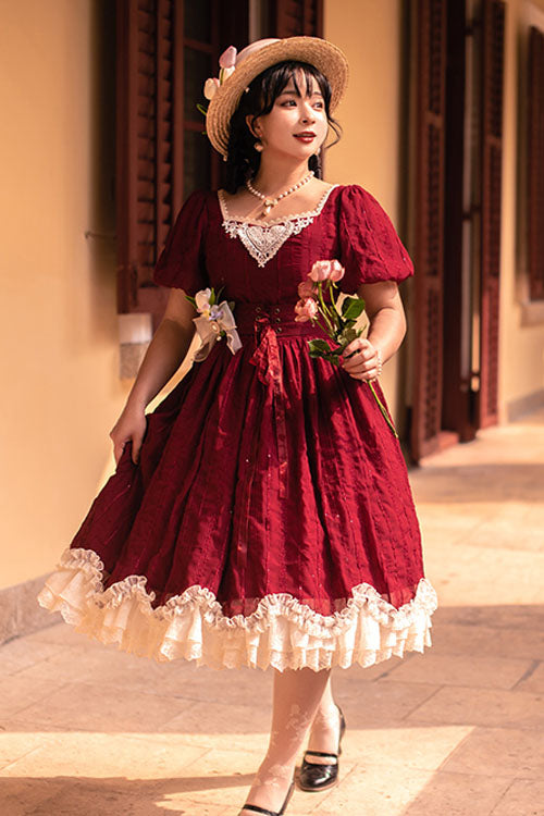 Wine Elegant Vintage Square Collar Short Sleeves Multi-Layer Ruffled Classic Lolita OP Dress - Product - 4