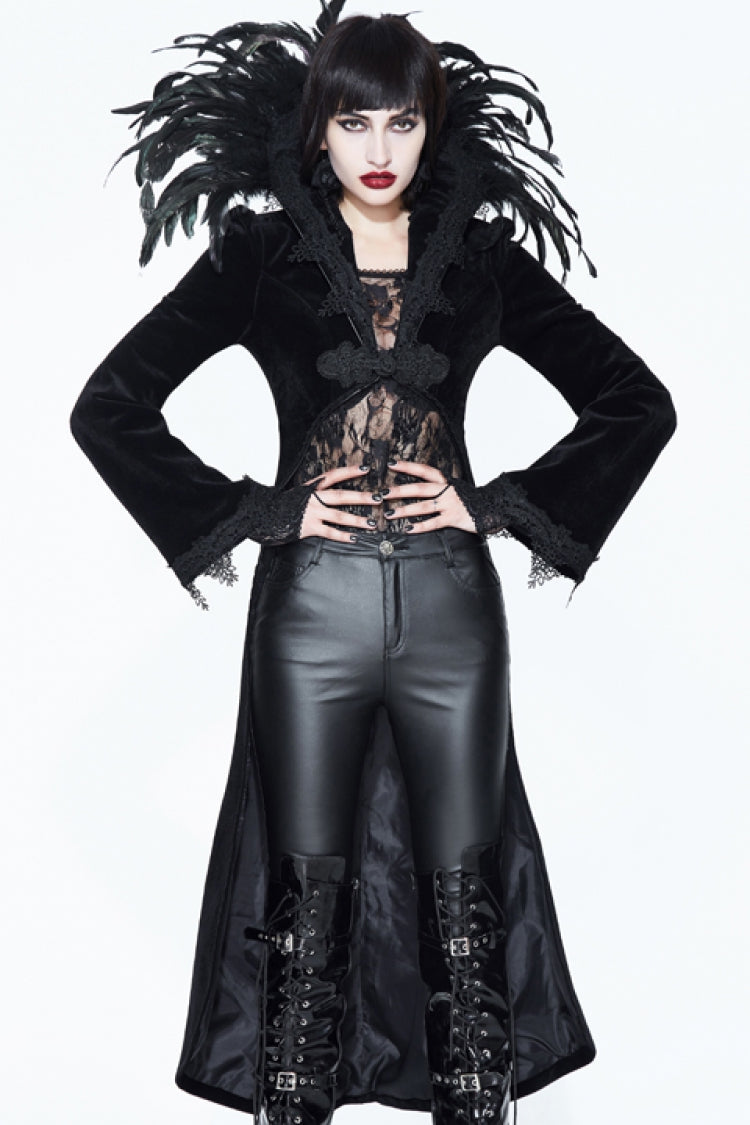 Black Feathered Collar Long Sleeves Bowknot Women's Gothic Tailcoat - Black - 1