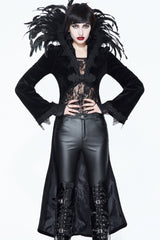 Black Feathered Collar Long Sleeves Bowknot Women's Gothic Tailcoat - Black - 1