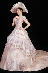Pink Boat Neck High Waisted Hollow Embroidery Floral Print Multi-Layer Victorian Lolita Prom Dress - Product - 2