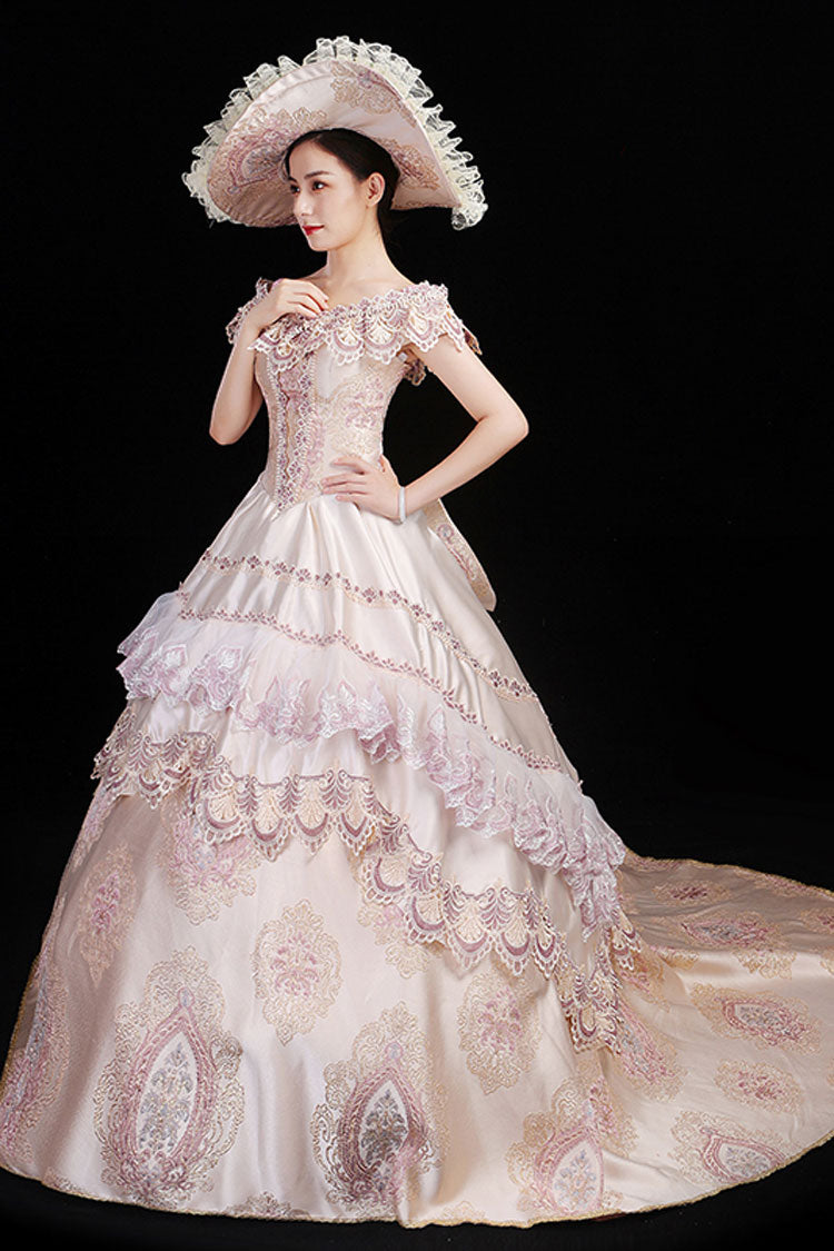 Pink Boat Neck High Waisted Hollow Embroidery Floral Print Multi-Layer Victorian Lolita Prom Dress - Product - 2