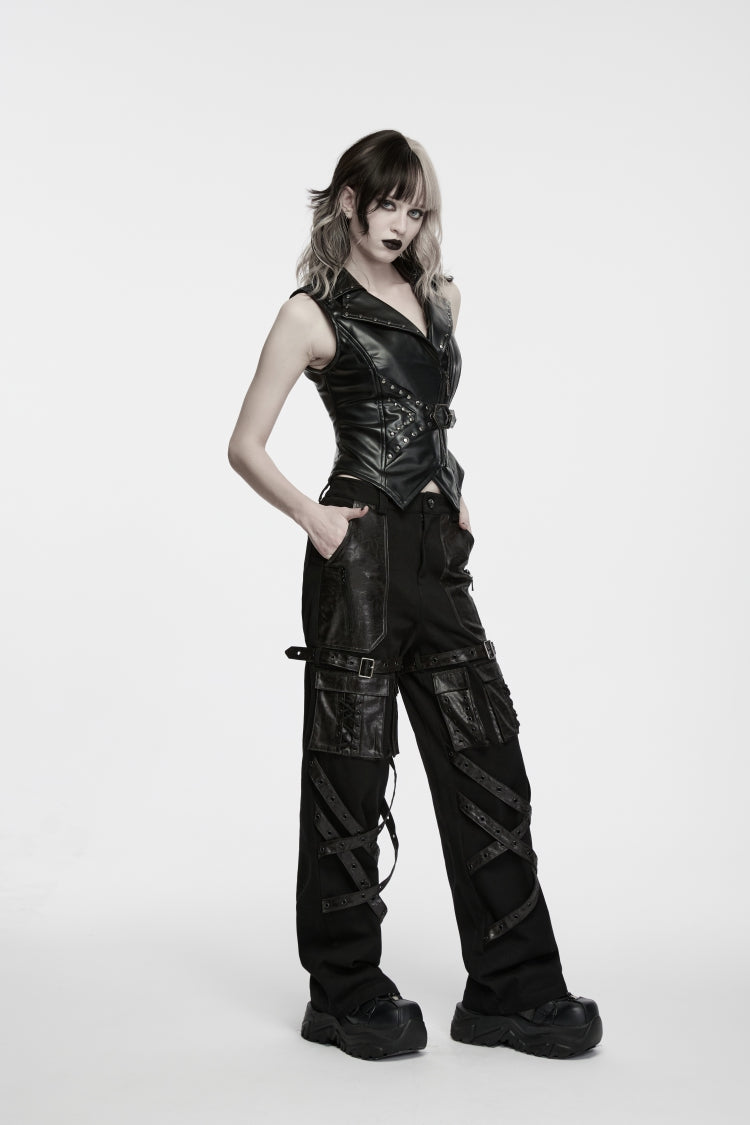 Black Lapel Collar Slim Fit Asymmetric Studded Buckled Zippered Women's Punk Cool Vest - Product - 6