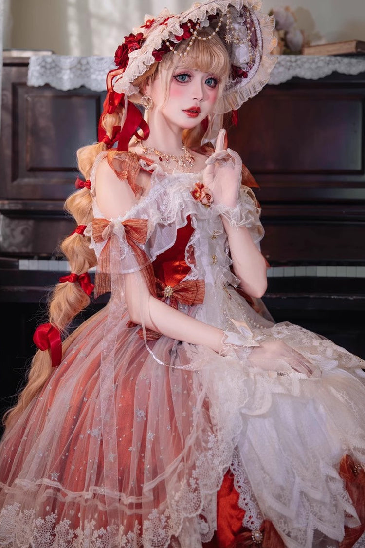 Red [Glazed Phantom] Off Shoulder Ruffle Hanayome Bowknot Lace Sweet Elegant Lolita Dress - Product - 2