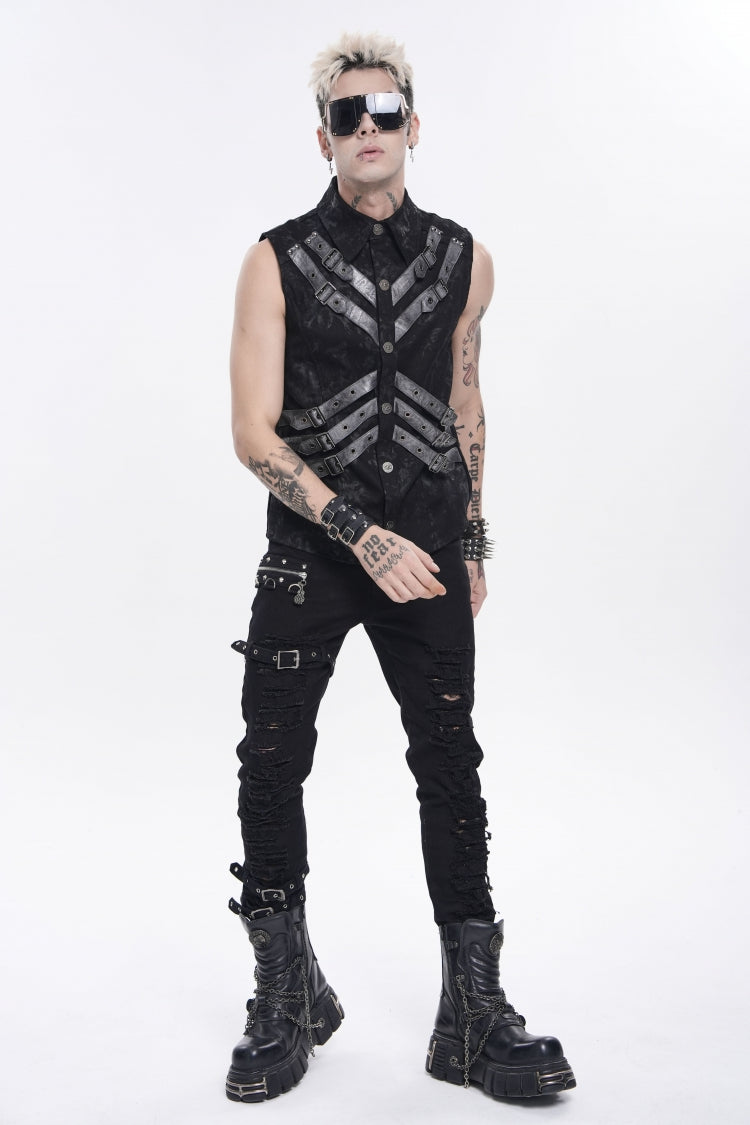 Black Lapel Collar Sleeveless Multi-Layered Printed Tie-dyed Buckled Men's Punk Shirt - Product - 8
