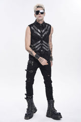 Black Lapel Collar Sleeveless Multi-Layered Printed Tie-dyed Buckled Men's Punk Shirt - Product - 8