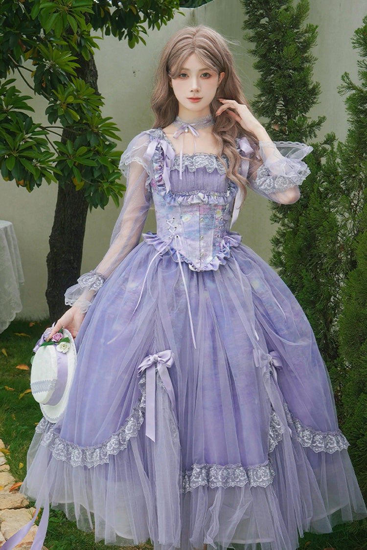 Purple Square Collar Long Sleeves Ruffle Bowknot Lace Fishbone Sweet Lolita Dress - Product - 7