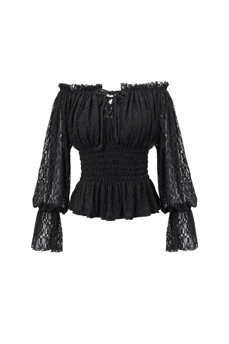 Black Off Shoulder Long Sleeves Ruffle Lace Women's Gothic Blouse - Product - 4