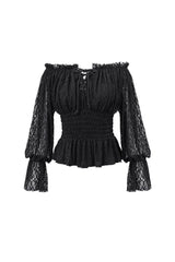 Black Off Shoulder Long Sleeves Ruffle Lace Women's Gothic Blouse - Product - 4