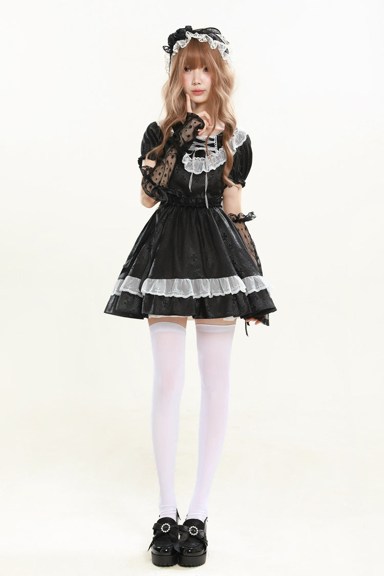 Black [Night Alley Angel] Lapel Collar Short Sleeves Jacquard Ruffled Lace Gothic Lolita Dress - Product - 9