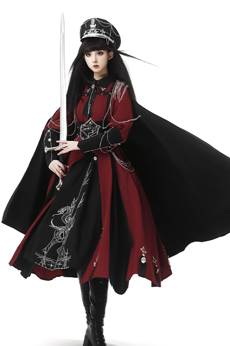 Red/Black [Scarlet Night Knight] Metal Chain Print Bowknot Gothic Military Elegant Lolita Dress - Product - 4