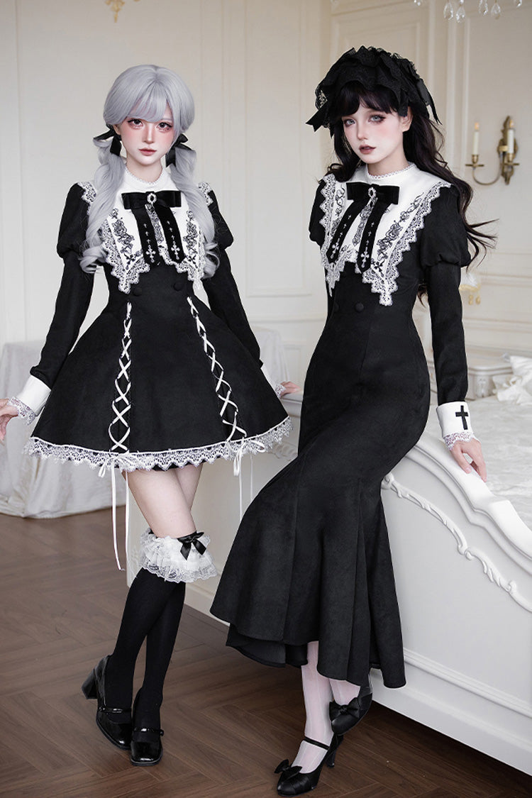 Black/White [Rose Doll] Square Collar Long Sleeves Bowknot Lace-Up Gothic Lolita Dress Set 2 Versions - Product - 2
