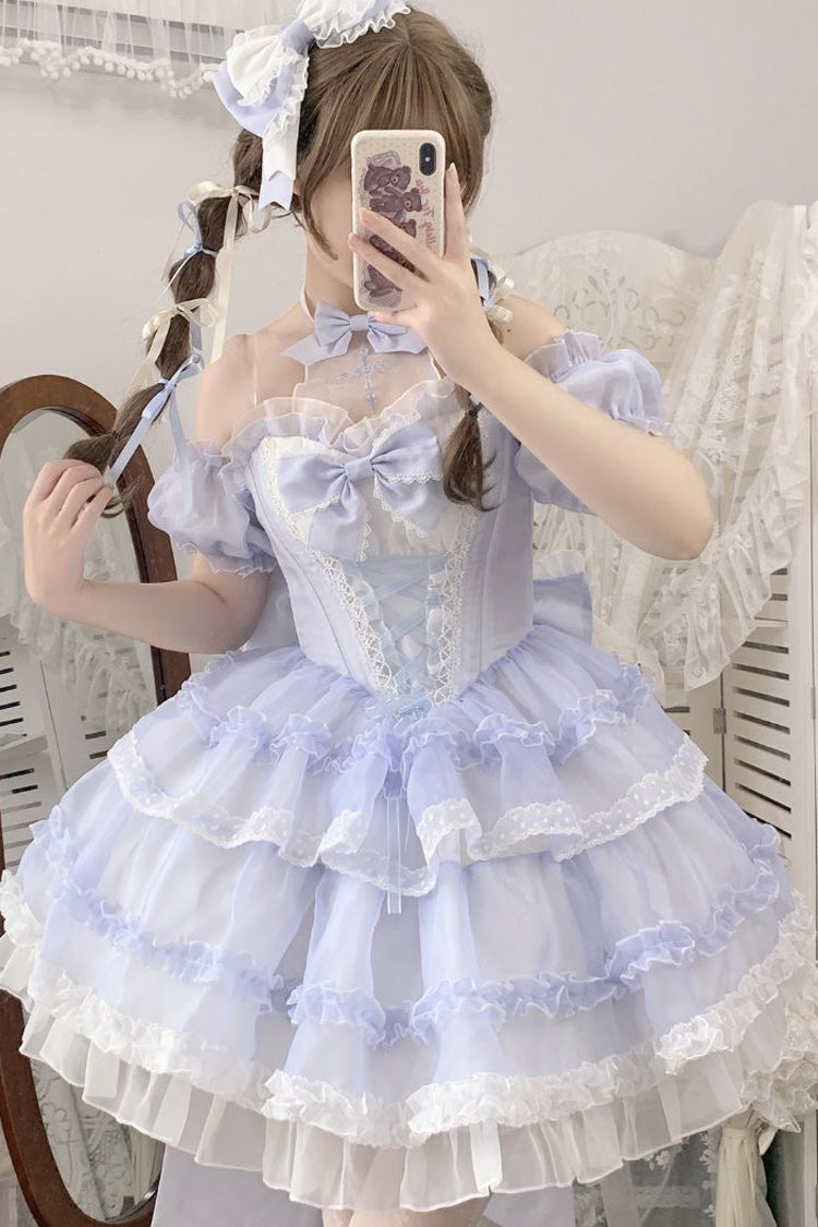 Blue Multi-layer Ruffle Hanayome Bowknot Lace Halter Neck Sweet Princess Lolita Dress - Product - 3