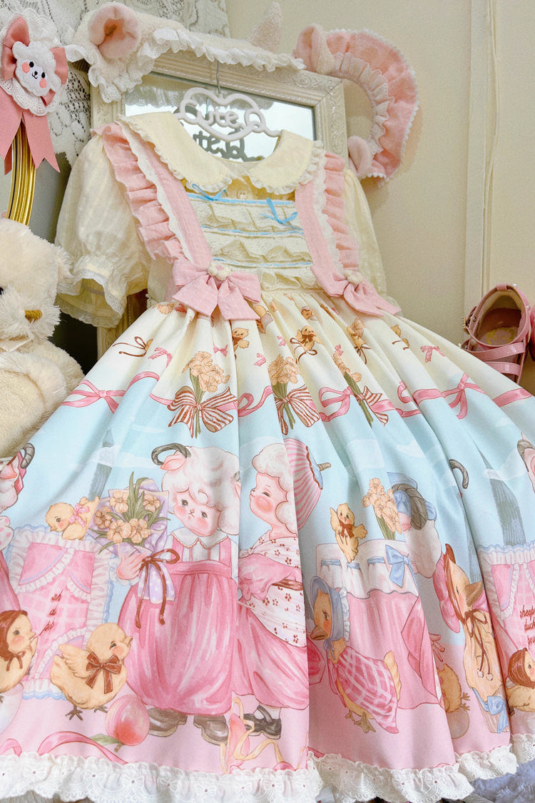 Blue/Pink Sheep Waltz Print Ruffle Bowknot Lace Sweet Lolita Jsk Dress - Product - 2