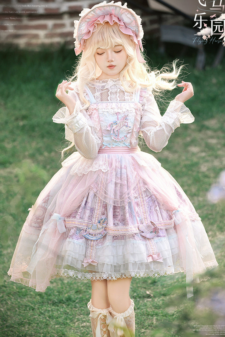 Pink/Blue [Pegasus Park] Multi-Layered Print Ruffle Bowknot Lace Sweet Gorgeous Lolita Jsk Dress - Product - 3
