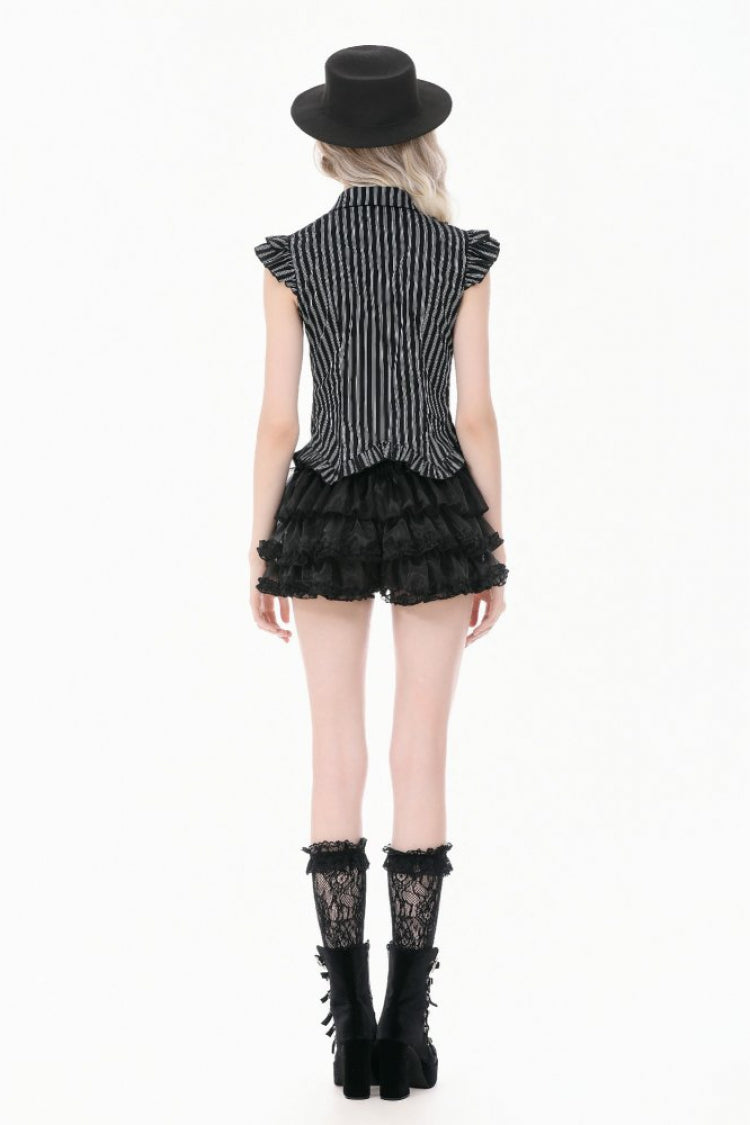 Black/White Vertical Striped Turn-down Collar Ruffled Women's Gothic Blouse with Detachable Tie - Product - 4