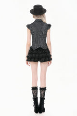 Black/White Vertical Striped Turn-down Collar Ruffled Women's Gothic Blouse with Detachable Tie - Product - 4