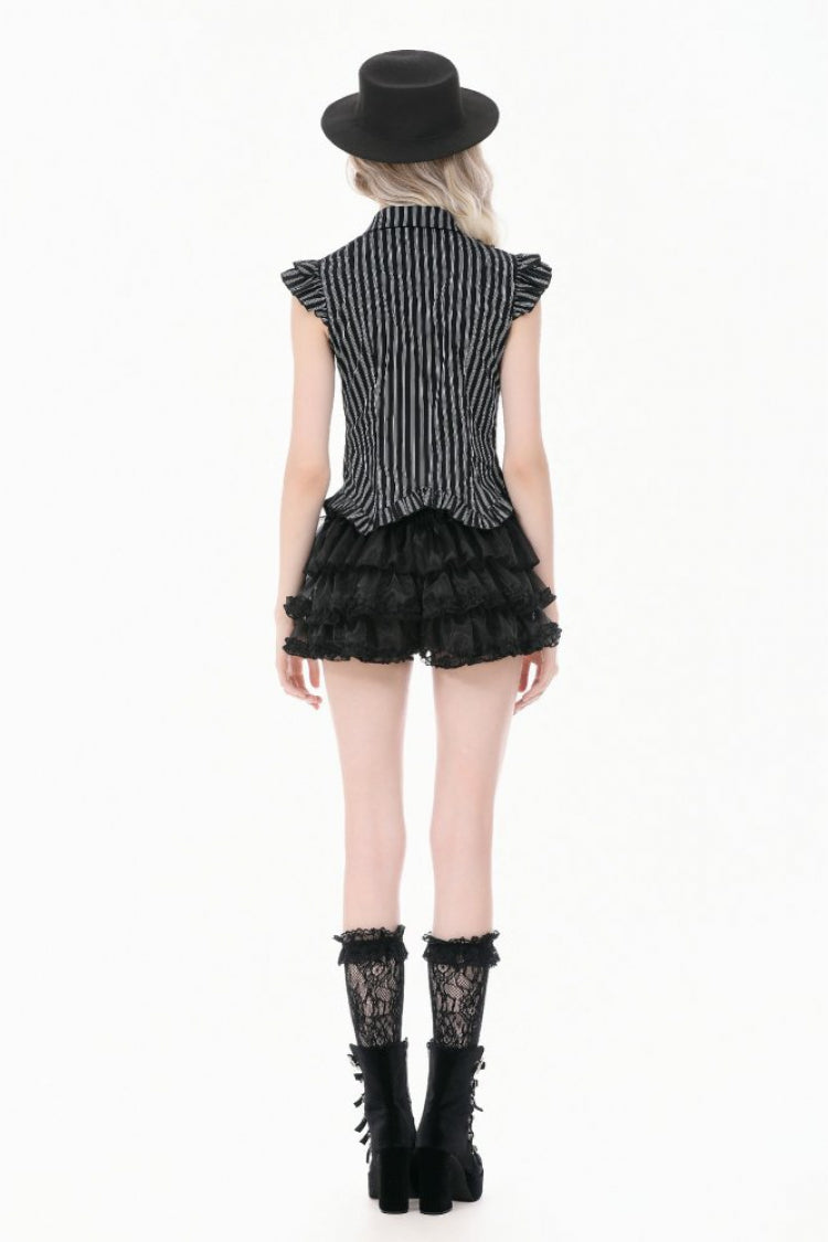 Black/White Vertical Striped Turn-down Collar Ruffled Women's Gothic Blouse with Detachable Tie - Product - 4