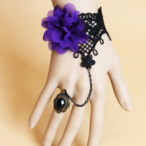 Retro Fashion Purple Flowers Black Lace Gems Female Gothic Lolita Ring Bracelet - Black - 1