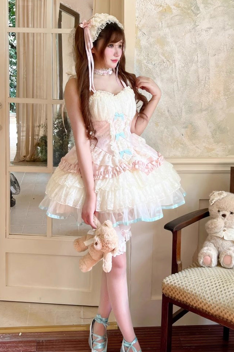 Pink/Beige [Sweet Dream Peach] Sleeveless Multi-Layered Ruffle Bowknot Lace Sweet Ballet Lolita Jsk Dress - Product - 6