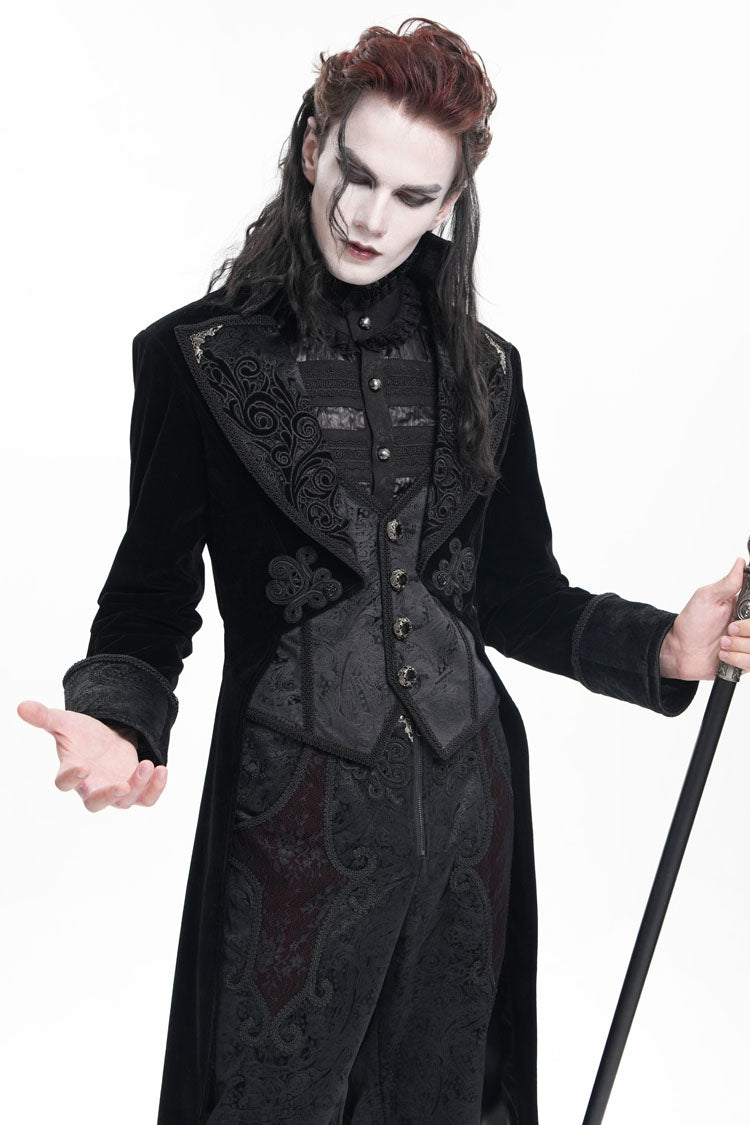 Black Long Sleeves Button Floral Embroidery Men's Gothic Jacket - Product - 3