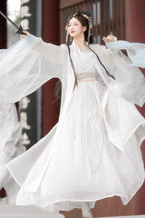 White Long Sleeves High Waisted Jacquard Print Embroidery Women's Sweet Hanfu Dress Full Set - Product - 4