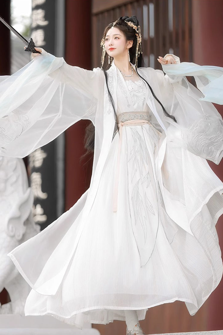 White Long Sleeves High Waisted Jacquard Print Embroidery Women's Sweet Hanfu Dress Full Set - Product - 4