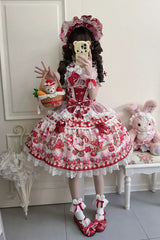Red [Sweet Berry Bunny Bear] Printed Bow Lace Lace-Up Sweet Lolita Jsk Dress - Product - 4
