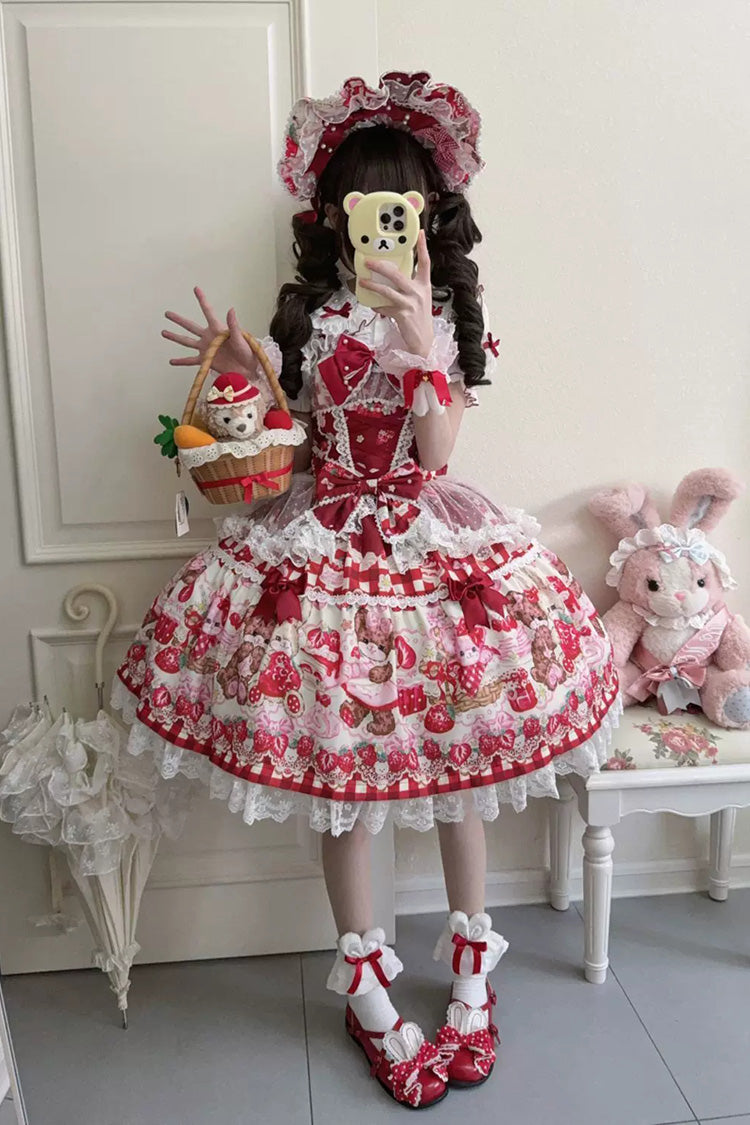 Red [Sweet Berry Bunny Bear] Printed Bow Lace Lace-Up Sweet Lolita Jsk Dress - Product - 4