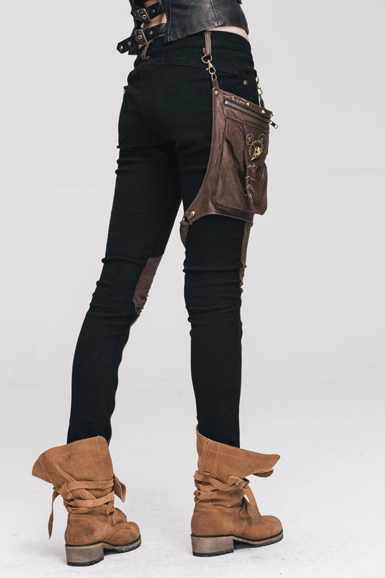 Punk Black Metal Ring Decoration Brown Leg Bag Twill Women's Pants - Product - 6