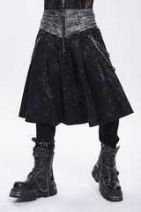 Black Printed Spliced Lace-Up Pleated Chain-Decorated Men's Punk Skirt - Product - 10