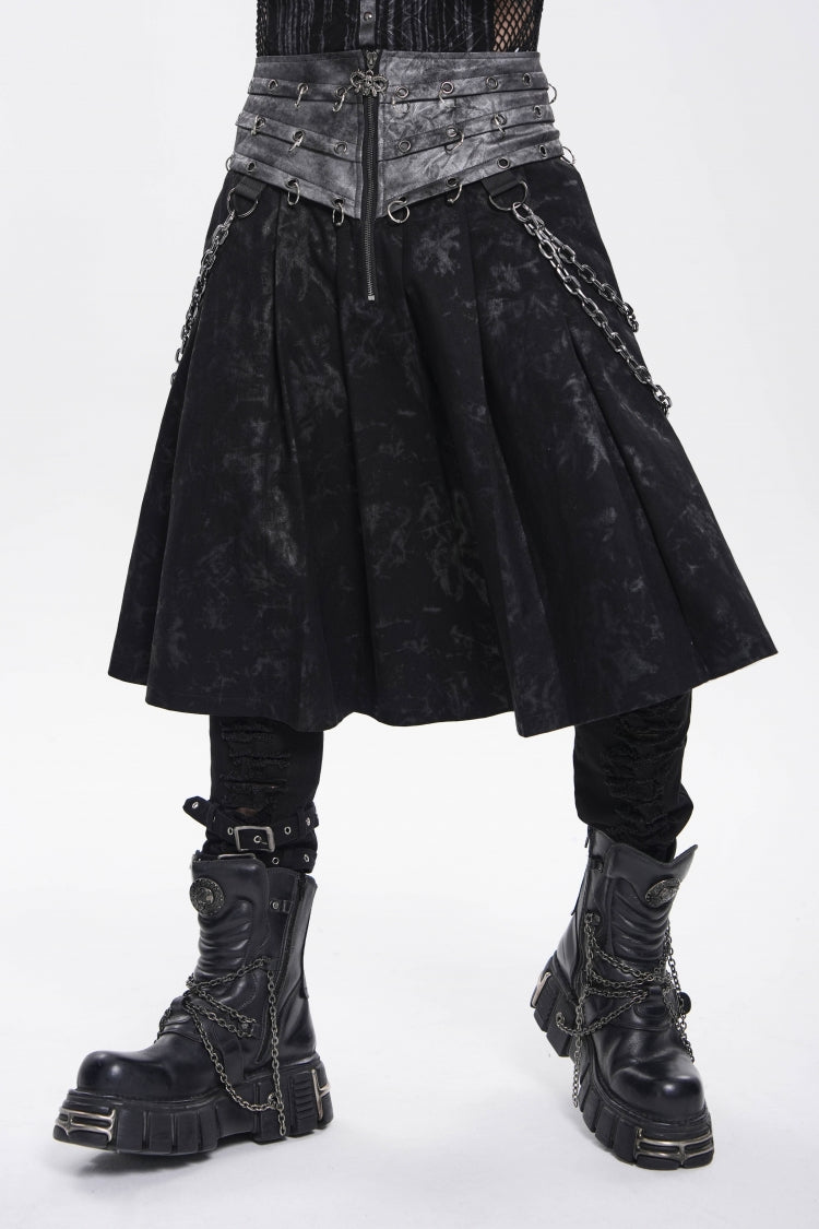 Black Printed Spliced Lace-Up Pleated Chain-Decorated Men's Punk Skirt - Product - 10