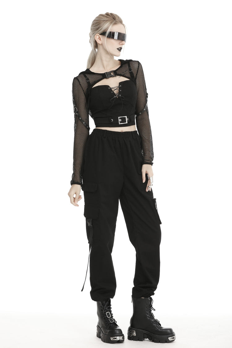 Black Long Sleeves Fishnet Mesh Women's Gothic Punk Hooded Cape - Product - 6