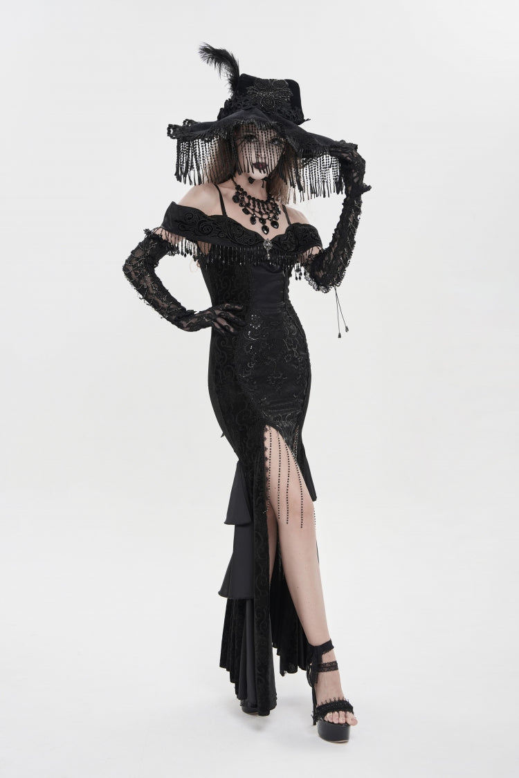 Black Off Shoulder Sleeveless Embroidered Lace Slim Women's Gothic Gorgeous Strapless Dress - Product - 7