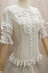 Doll Collar Short Trumpet Sleeves Lace Slim Chiffon Sweet Lolita Blouse 2 Colors - Product - 3
