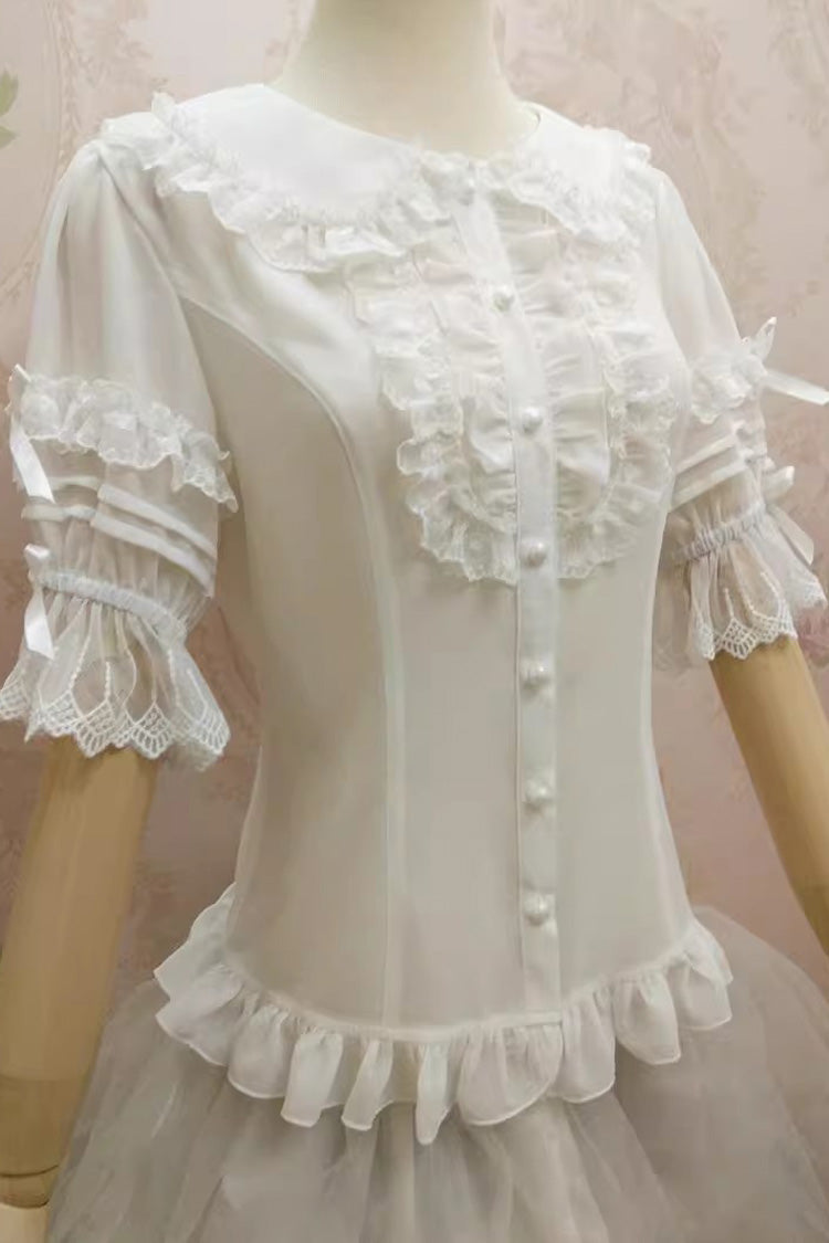 Doll Collar Short Trumpet Sleeves Lace Slim Chiffon Sweet Lolita Blouse 2 Colors - Product - 3