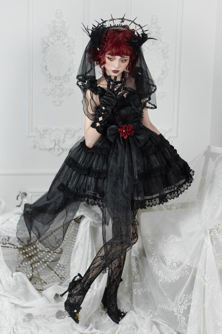 Black Multi-Layered Ruffled Hanayome Bow Pearl-Decorated Gothic Lolita Jsk Dress Full Set 2 Versions - Product - 8