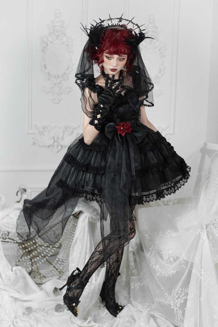 Black Multi-Layered Ruffled Hanayome Bow Pearl-Decorated Gothic Lolita Jsk Dress Full Set 2 Versions - Product - 8