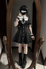 Black [Angel Creed] Short Sleeves Ruffle Bowknot Stitching Lace Gothic Plus Size Japanese College Style Jirai Kei Dress - Product - 6