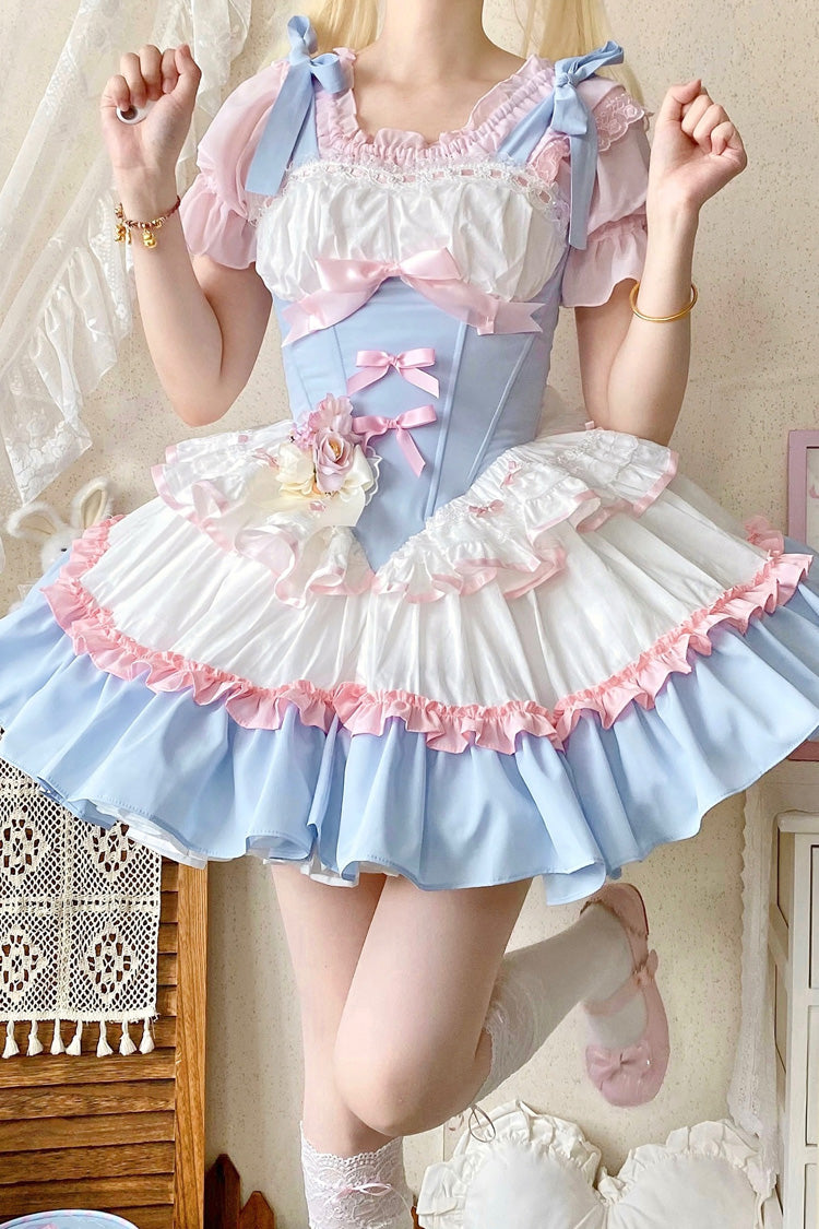 Light-Blue/Pink/White [Fairy Tale Overture] Triple-Layered Ruffle Bowknot Fishbone Sweet Ballet Lolita Dress - Product - 2