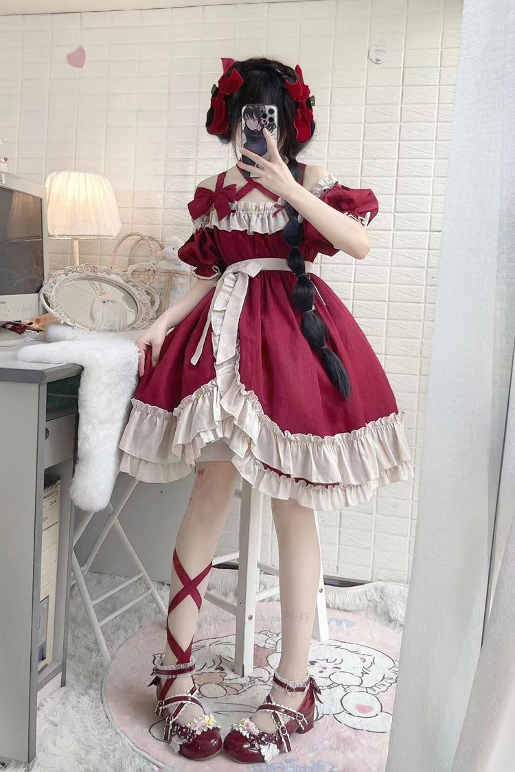 Red [Monet Estate] Sleeveless High Waisted Ruffle Bowknot Asymmetric Gothic Lolita Jsk Dress - Product - 8