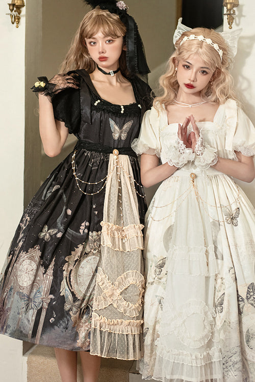 Vintage Elegant Lace Square Collar Bubble Short Sleeves Time Butterfly Print High Waisted Sweet (Dress Only) detail view 5
