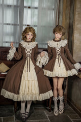 Brown/Beige [Nutcracker] Stand Collar Long Trumpet Sleeves Ruffle Cardigan Bowknot Lace-Up Sweet Lolita Dress Set 2 Versions - Product - 8