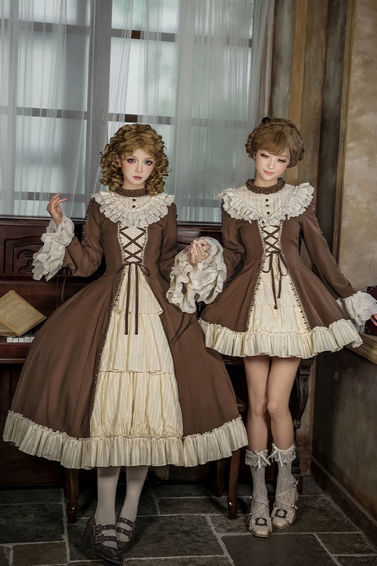 Brown/Beige [Nutcracker] Stand Collar Long Trumpet Sleeves Ruffle Cardigan Bowknot Lace-Up Sweet Lolita Dress Set 2 Versions - Product - 8